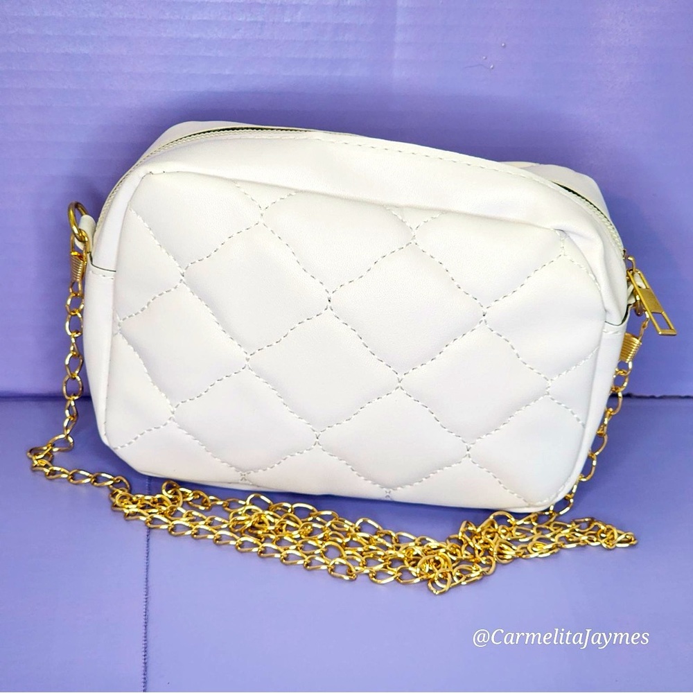 DIAMOND🔸Quilted Pattern White Crossbody Bag with Gold Chain Purse NEW